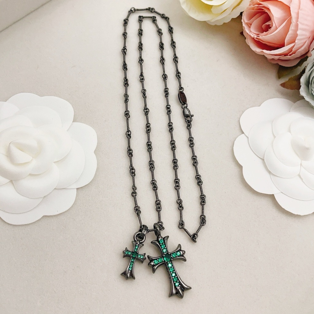Chrome Hearts Black And Green Diamond Double Cross Necklace